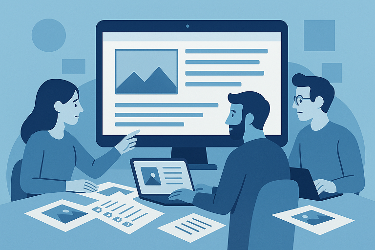 Website content collection process – reviewing text and images before design.